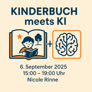 Kinderbuch KI Workshop – Kind liest Buch neben stilisierter KI-Grafik